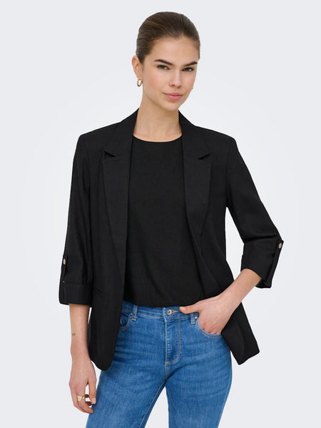 ONLY Linen Blend 3/4 Sleeve Blazer in Black