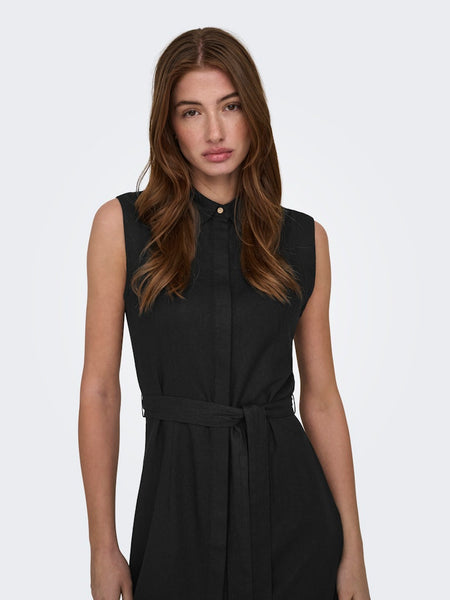 ONLY Long Sleeveless Linen Blend Shirt Dress in Black