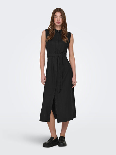 ONLY Long Sleeveless Linen Blend Shirt Dress in Black