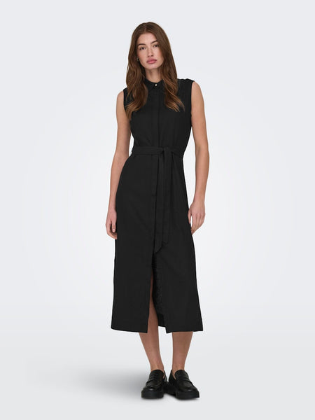 ONLY Long Sleeveless Linen Blend Shirt Dress in Black