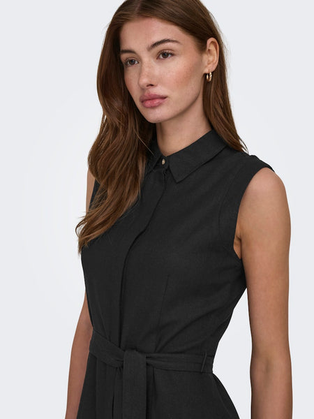 ONLY Long Sleeveless Linen Blend Shirt Dress in Black