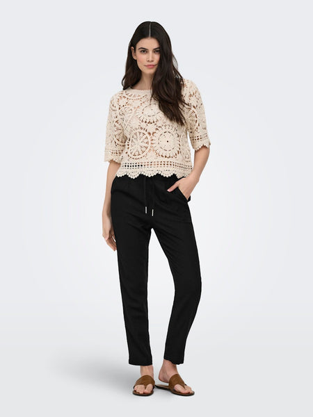 ONLY Linen Blend Straight Leg Trousers in Black