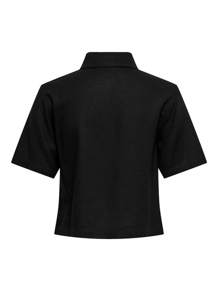 ONLY Linen Blend Short Sleeve Shirt in Black