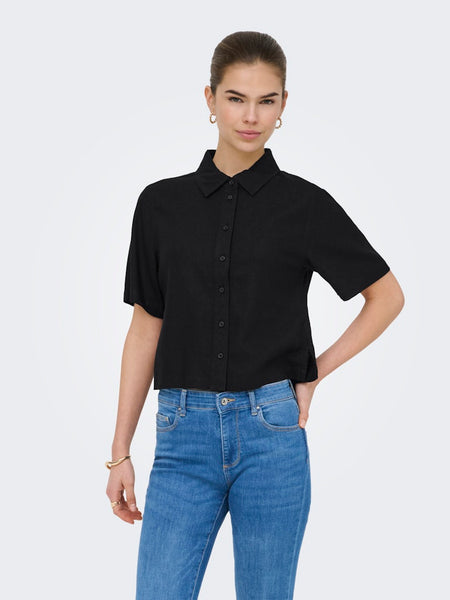 ONLY Linen Blend Short Sleeve Shirt in Black