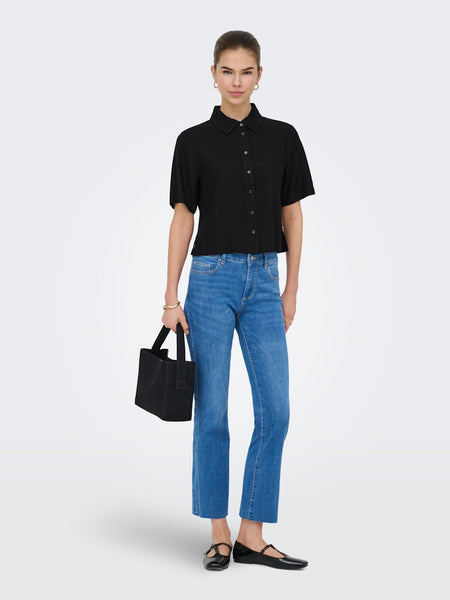 ONLY Linen Blend Short Sleeve Shirt in Black