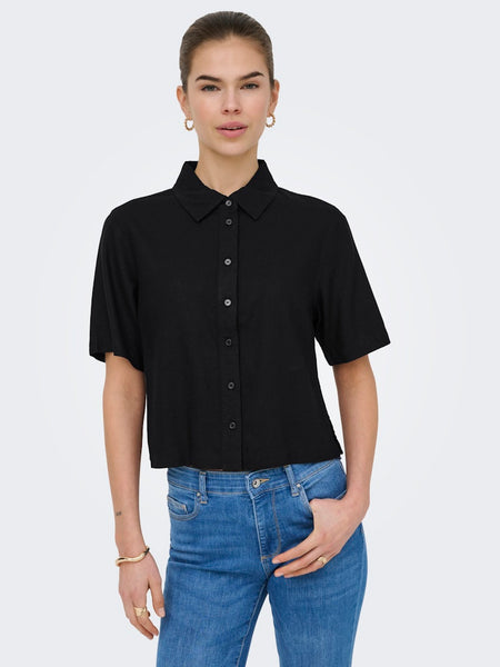 ONLY Linen Blend Short Sleeve Shirt in Black