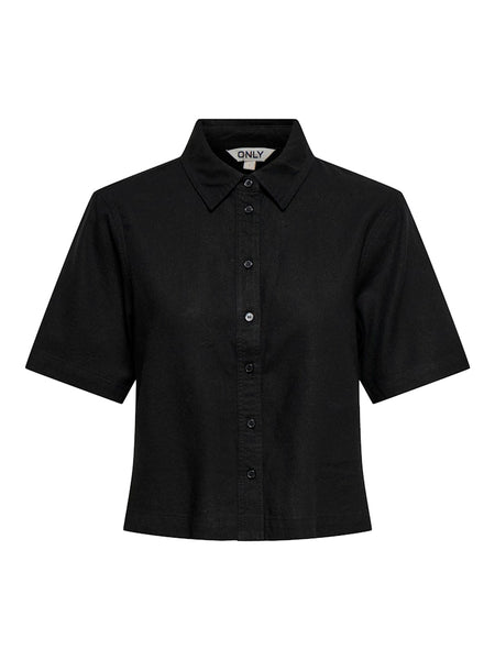 ONLY Linen Blend Short Sleeve Shirt in Black