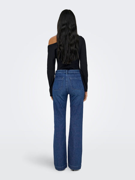 ONLY High Waist Pocket Flared Jeans in Dark Blue