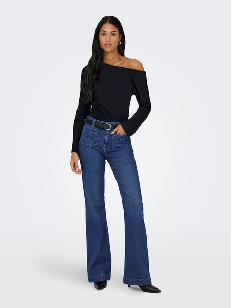 ONLY High Waist Pocket Flared Jeans in Dark Blue