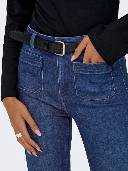 ONLY High Waist Pocket Flared Jeans in Dark Blue