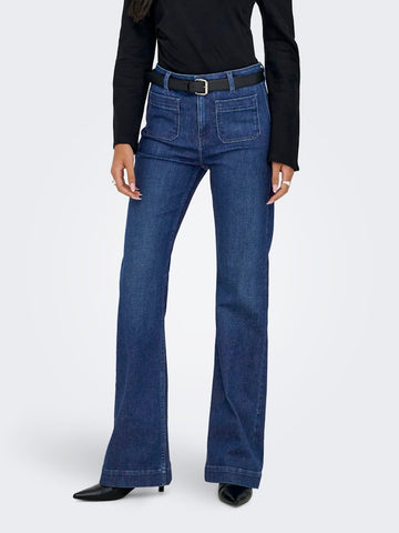 ONLY High Waist Pocket Flared Jeans in Dark Blue