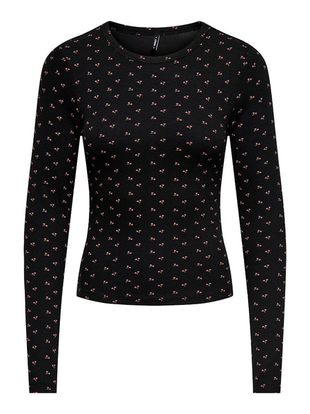 ONLY Flower Print Long Sleeve Top in Black