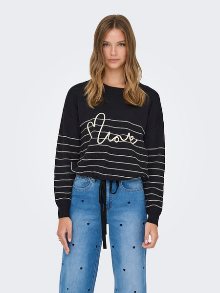 ONLY "Love" Tie Detail Knit Jumper in Black