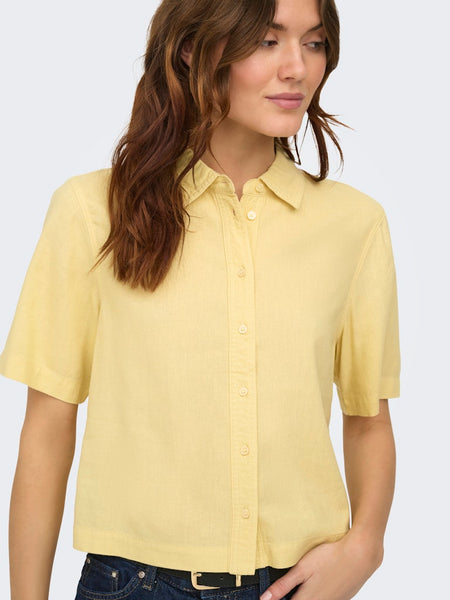 ONLY Linen Blend Short Sleeve Shirt in Yellow
