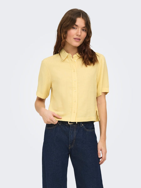 ONLY Linen Blend Short Sleeve Shirt in Yellow