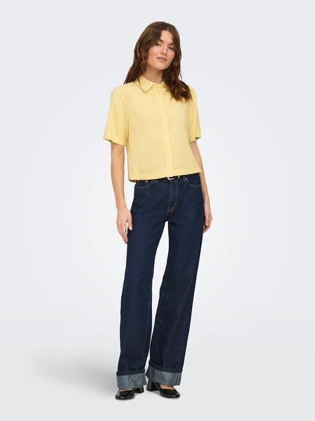 ONLY Linen Blend Short Sleeve Shirt in Yellow