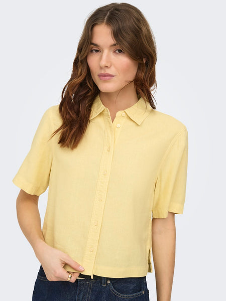 ONLY Linen Blend Short Sleeve Shirt in Yellow