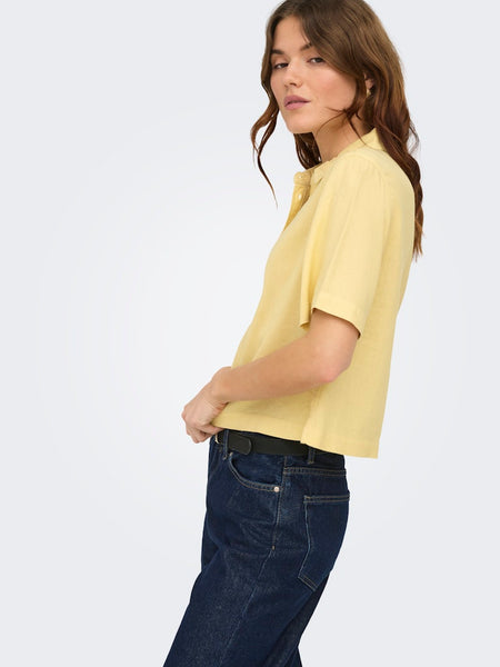 ONLY Linen Blend Short Sleeve Shirt in Yellow