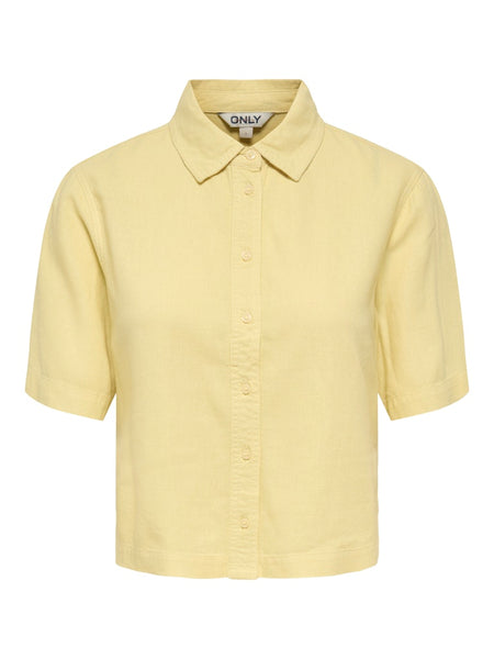 ONLY Linen Blend Short Sleeve Shirt in Yellow