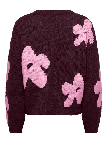 ONLY Flower Print Knit Jumper in Burgundy