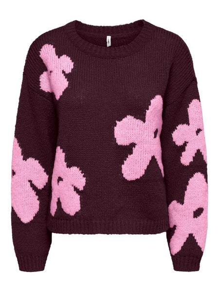 ONLY Flower Print Knit Jumper in Burgundy