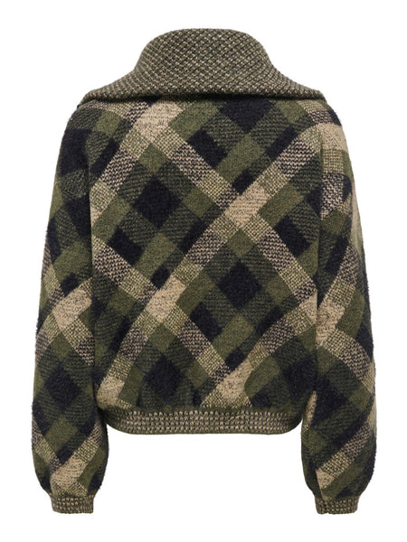 ONLY Checked Zip Knit Cardigan in Green
