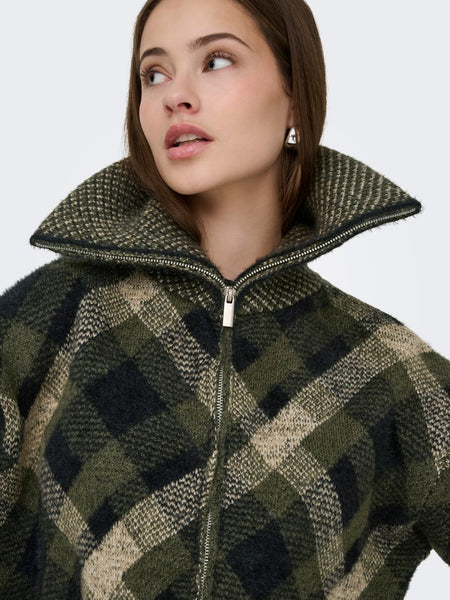 ONLY Checked Zip Knit Cardigan in Green