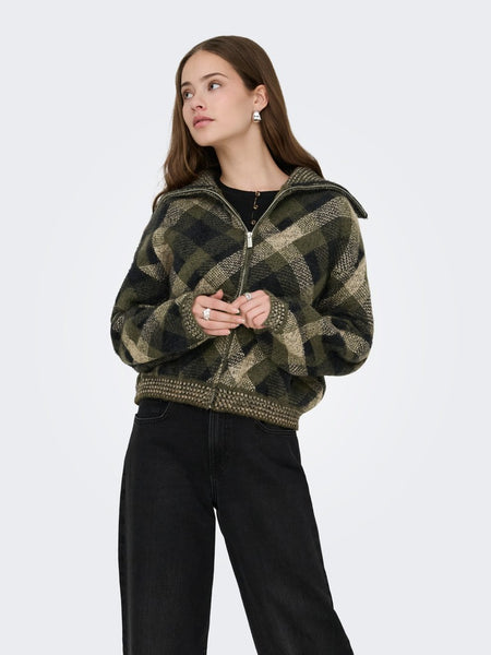 ONLY Checked Zip Knit Cardigan in Green