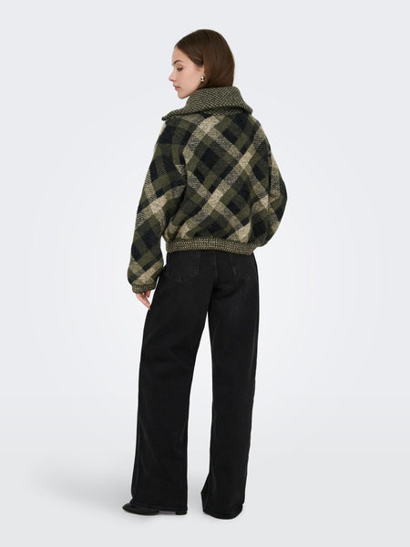 ONLY Checked Zip Knit Cardigan in Green