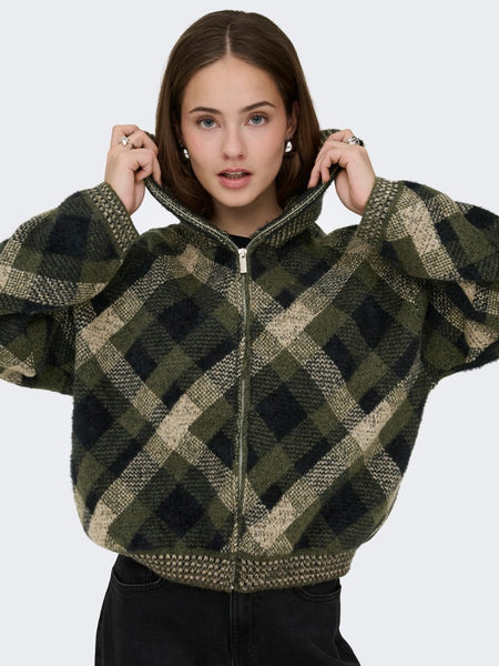 ONLY Checked Zip Knit Cardigan in Green