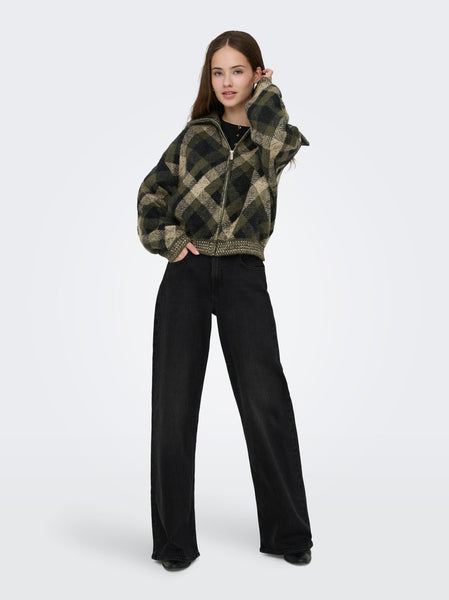 ONLY Checked Zip Knit Cardigan in Green