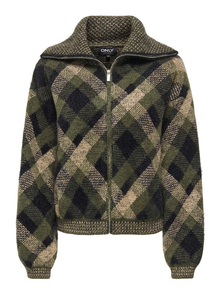 ONLY Checked Zip Knit Cardigan in Green