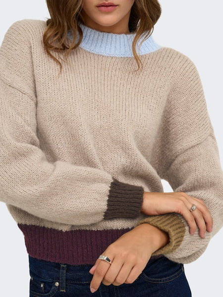 ONLY Contrast Edge Knit Jumper in Beige