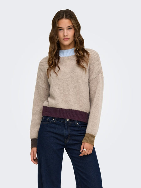 ONLY Contrast Edge Knit Jumper in Beige