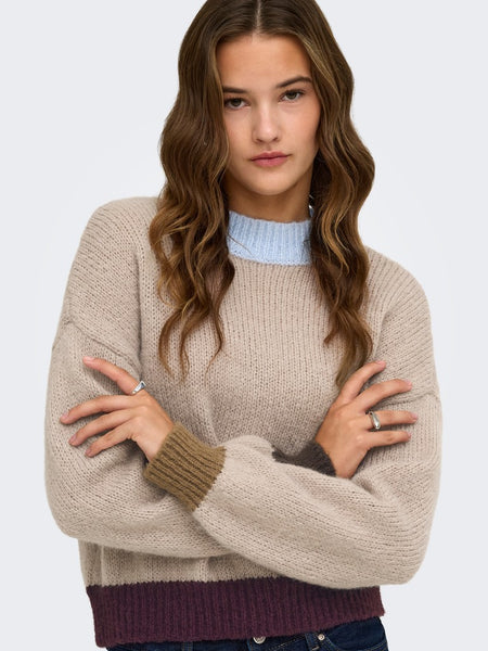 ONLY Contrast Edge Knit Jumper in Beige