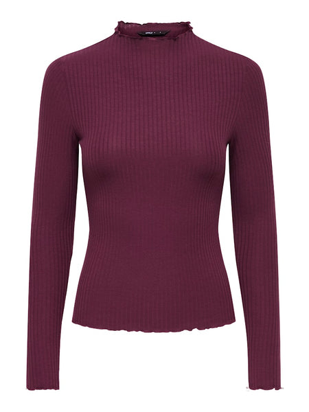 ONLY Ribbed Long Sleeve High Neck Top in Burgundy