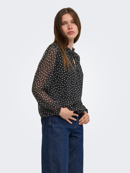 ONLY Polka-Dot Tie Neck Blouse in Black
