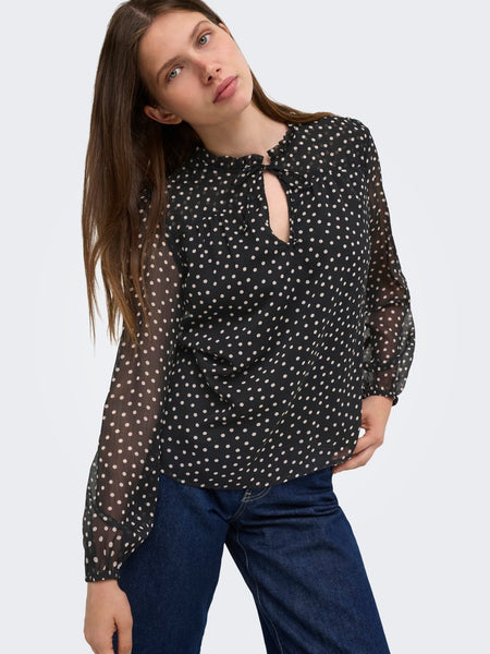 ONLY Polka-Dot Tie Neck Blouse in Black