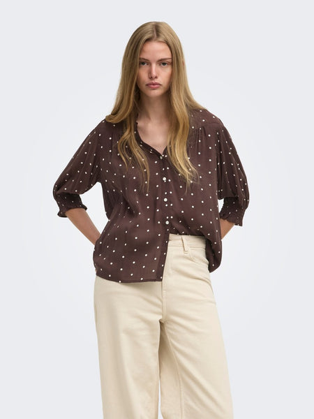 ONLY 3/4 Sleeve Polka-Dot Shirt in Brown