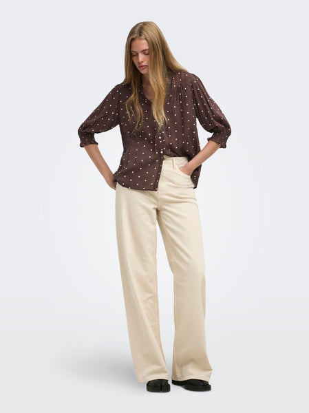 ONLY 3/4 Sleeve Polka-Dot Shirt in Brown
