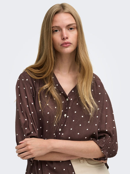 ONLY 3/4 Sleeve Polka-Dot Shirt in Brown