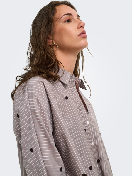 ONLY Striped Embroidered Heart Shirt in Brown