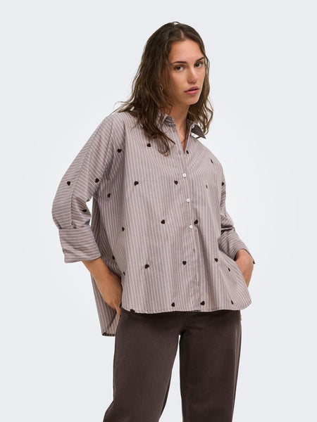 ONLY Striped Embroidered Heart Shirt in Brown