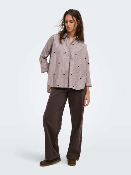 ONLY Striped Embroidered Heart Shirt in Brown
