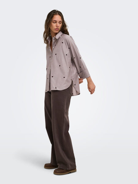 ONLY Striped Embroidered Heart Shirt in Brown