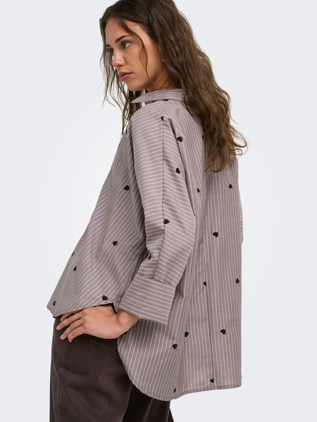 ONLY Striped Embroidered Heart Shirt in Brown