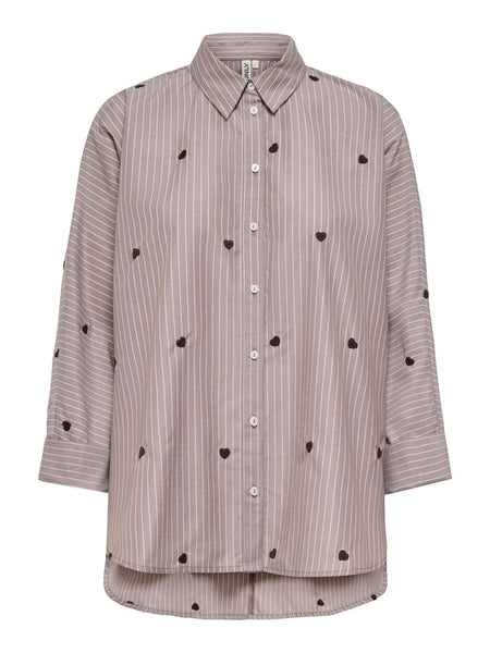 ONLY Striped Embroidered Heart Shirt in Brown