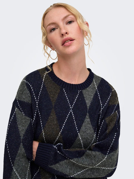 ONLY Argyle Knit Jumper in Navy
