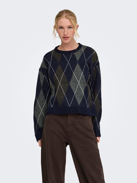 ONLY Argyle Knit Jumper in Navy