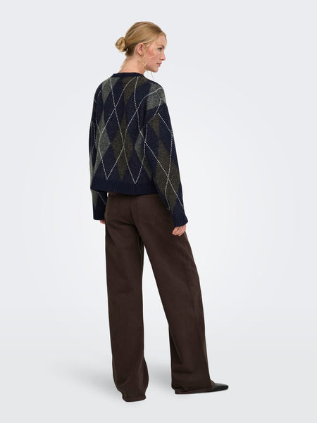 ONLY Argyle Knit Jumper in Navy
